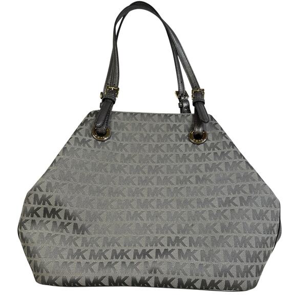 Michael Kors Jet Set Grab Bag Jacquard Signature MK Monogram Canvas Tote Gray - Picture 2 of 11